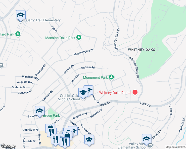 map of restaurants, bars, coffee shops, grocery stores, and more near 4609 Stuart Place in Rocklin