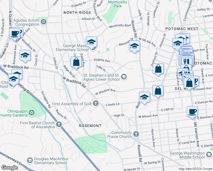 map of restaurants, bars, coffee shops, grocery stores, and more near 2210 Small Street in Alexandria