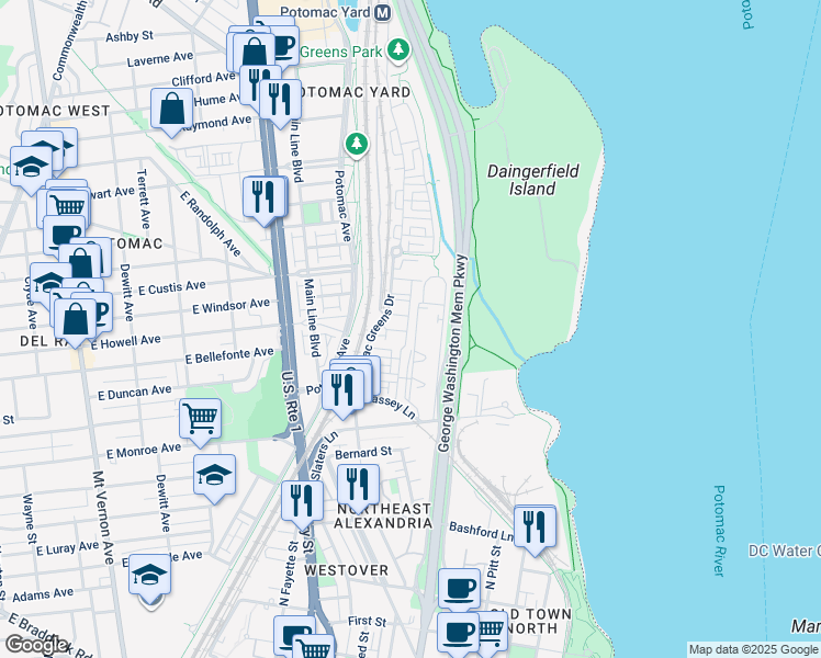 map of restaurants, bars, coffee shops, grocery stores, and more near 1655 Hunting Creek Drive in Alexandria