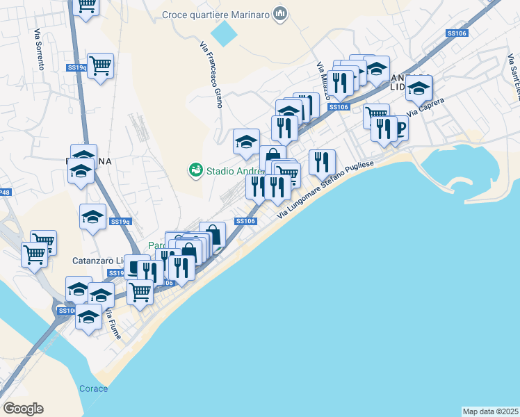 map of restaurants, bars, coffee shops, grocery stores, and more near 7 Via dei Crociati in Catanzaro