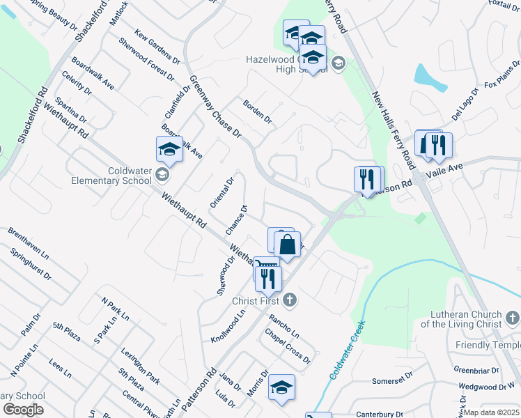 map of restaurants, bars, coffee shops, grocery stores, and more near 3027 Luxury Drive in Florissant