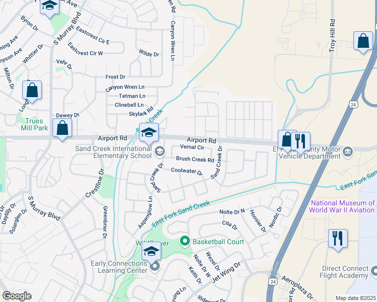 map of restaurants, bars, coffee shops, grocery stores, and more near 4157 Vernal Circle in Colorado Springs
