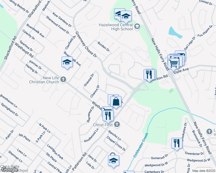map of restaurants, bars, coffee shops, grocery stores, and more near 3027 Luxury Drive in Florissant