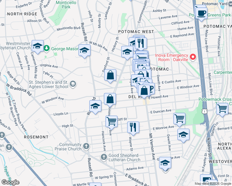 map of restaurants, bars, coffee shops, grocery stores, and more near 2101 Commonwealth Avenue in Alexandria