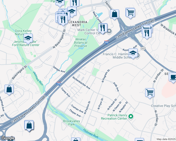 map of restaurants, bars, coffee shops, grocery stores, and more near 1185 North Van Dorn Street in Alexandria