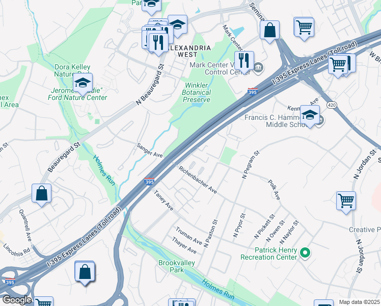 map of restaurants, bars, coffee shops, grocery stores, and more near 5254 Barrister Place in Alexandria