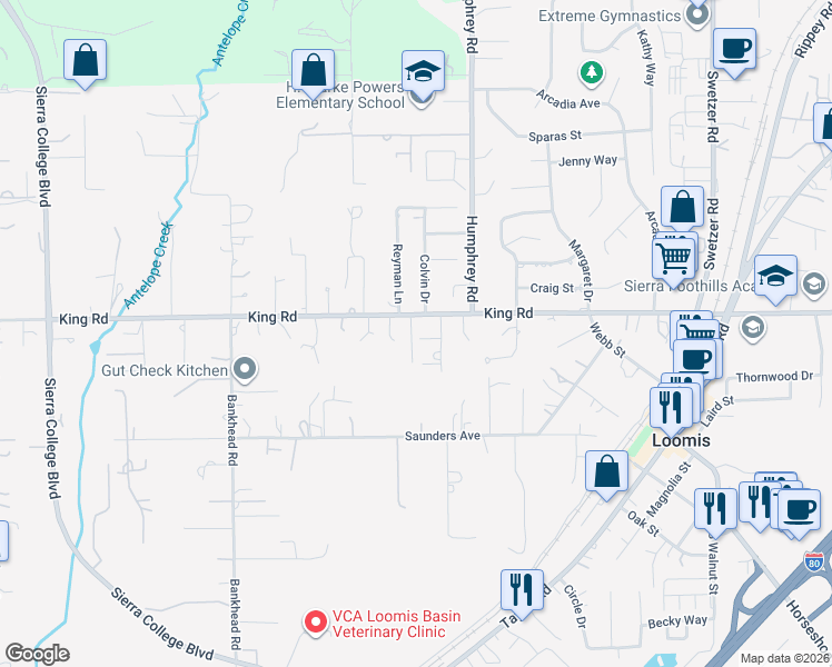 map of restaurants, bars, coffee shops, grocery stores, and more near 5470 Clayton Drive in Loomis