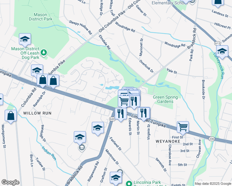 map of restaurants, bars, coffee shops, grocery stores, and more near 6511 River Tweed Lane in Alexandria