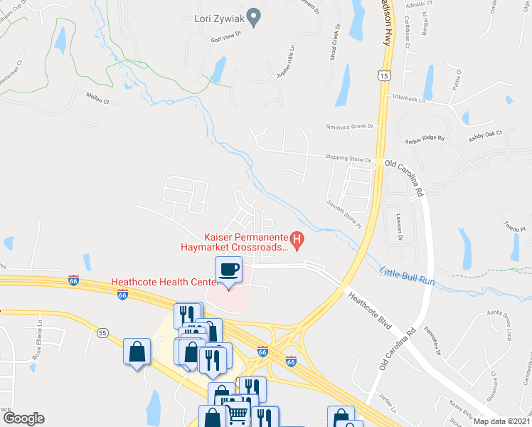 map of restaurants, bars, coffee shops, grocery stores, and more near 15170 Sage Run Road in Haymarket