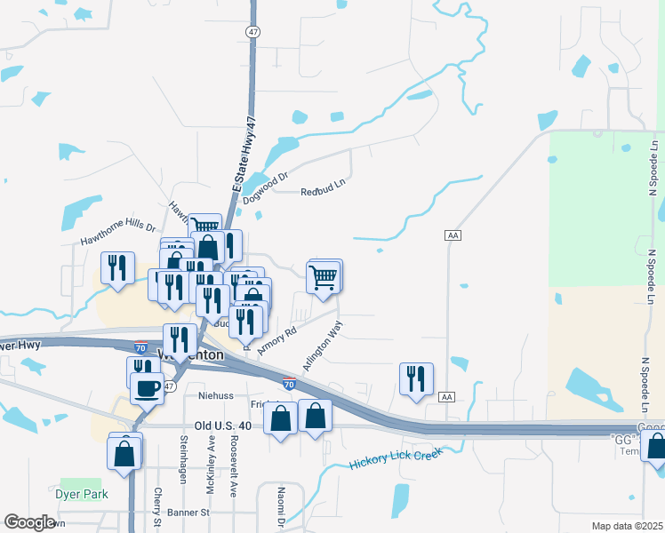 map of restaurants, bars, coffee shops, grocery stores, and more near 1029 Arlington Court in Warrenton