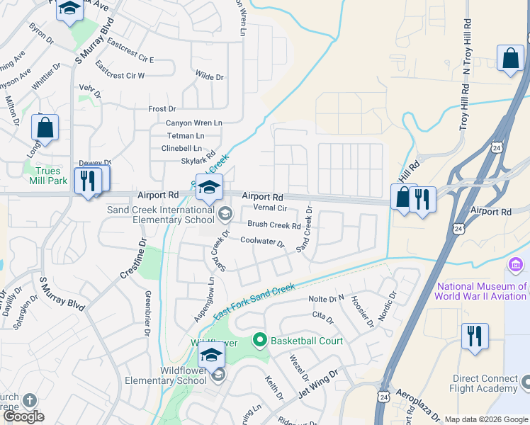 map of restaurants, bars, coffee shops, grocery stores, and more near 4145 Vernal Circle in Colorado Springs