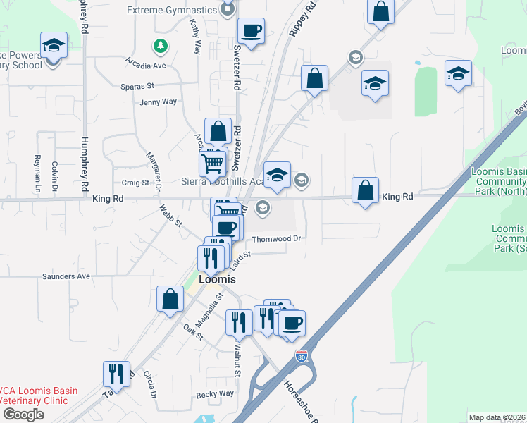 map of restaurants, bars, coffee shops, grocery stores, and more near 3505 Taylor Road in Loomis