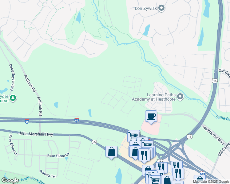 map of restaurants, bars, coffee shops, grocery stores, and more near 6152 Amber Lane in Haymarket