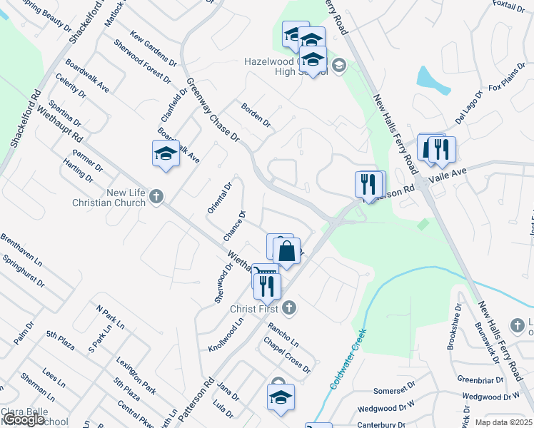 map of restaurants, bars, coffee shops, grocery stores, and more near 3027 Luxury Drive in Florissant