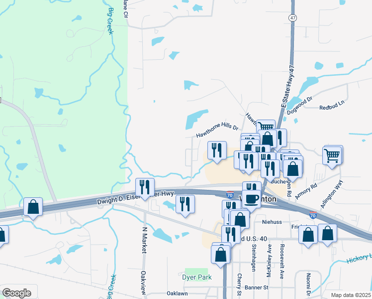 map of restaurants, bars, coffee shops, grocery stores, and more near 1043 Hawthorne Hills Drive in Warrenton