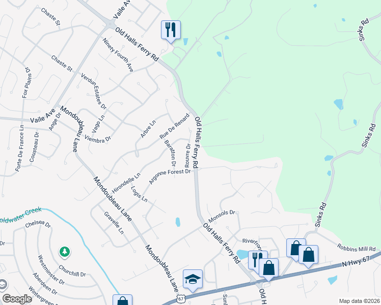 map of restaurants, bars, coffee shops, grocery stores, and more near 14652 Rouvre Drive in Florissant
