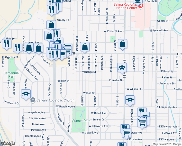 map of restaurants, bars, coffee shops, grocery stores, and more near 801 Sheridan St in Salina