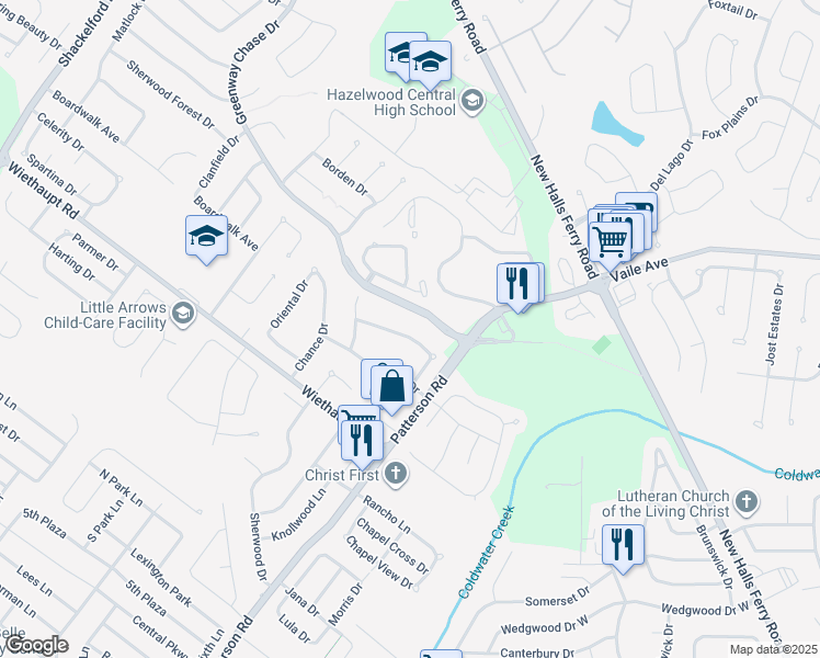 map of restaurants, bars, coffee shops, grocery stores, and more near 653 Mediterranean Drive in Florissant