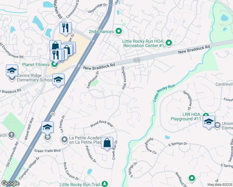 map of restaurants, bars, coffee shops, grocery stores, and more near 6324 Lightburn Court in Centreville