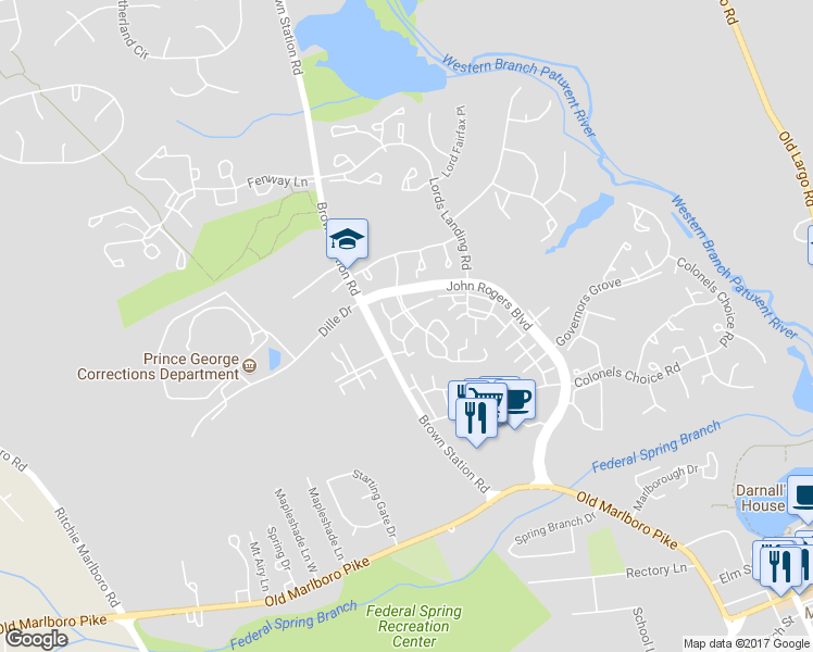 map of restaurants, bars, coffee shops, grocery stores, and more near 13807 King Frederick Way in Upper Marlboro
