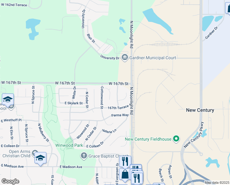 map of restaurants, bars, coffee shops, grocery stores, and more near 844 North Evergreen Street in Gardner
