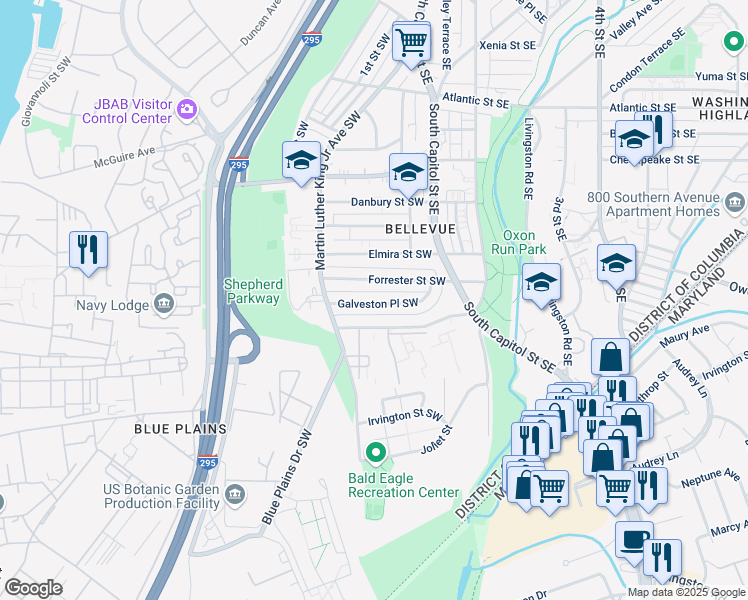 map of restaurants, bars, coffee shops, grocery stores, and more near 121 Galveston Place Southwest in Washington