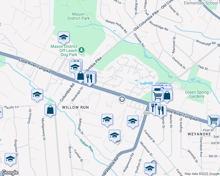 map of restaurants, bars, coffee shops, grocery stores, and more near 6631 Medinah Lane in Alexandria