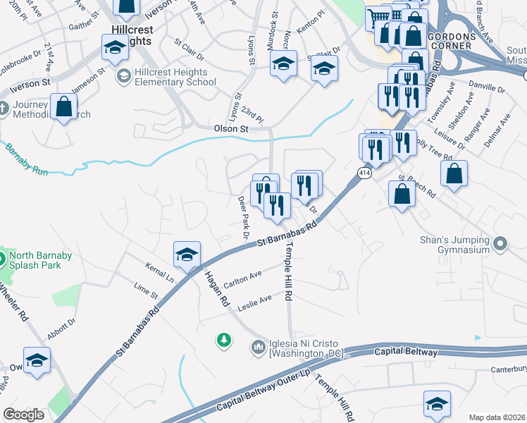 map of restaurants, bars, coffee shops, grocery stores, and more near 4709 Raleigh Road in Marlow Heights