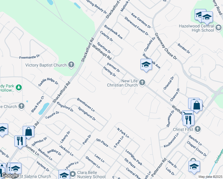 map of restaurants, bars, coffee shops, grocery stores, and more near 2801 Dolfield Drive in Florissant