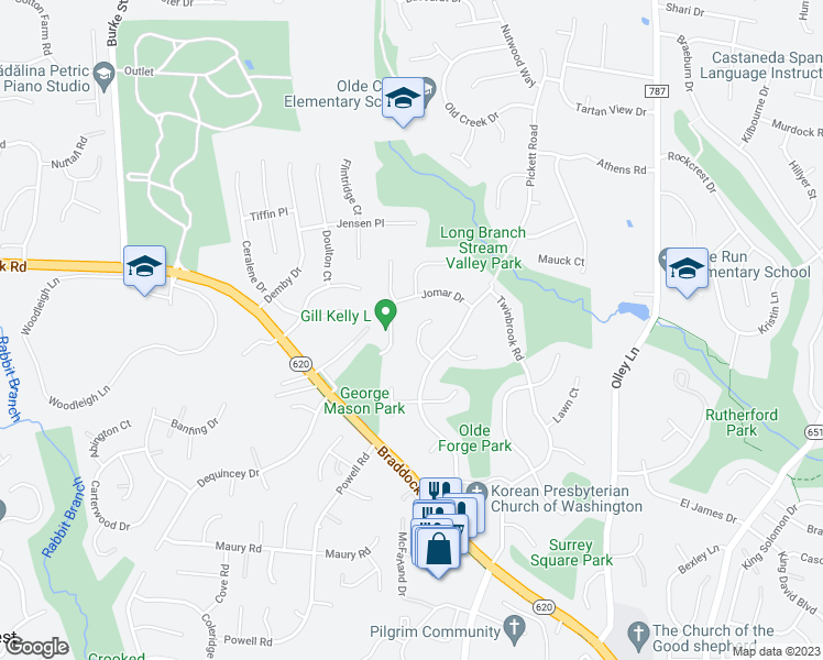 map of restaurants, bars, coffee shops, grocery stores, and more near 4610 Gramlee Circle in Fairfax