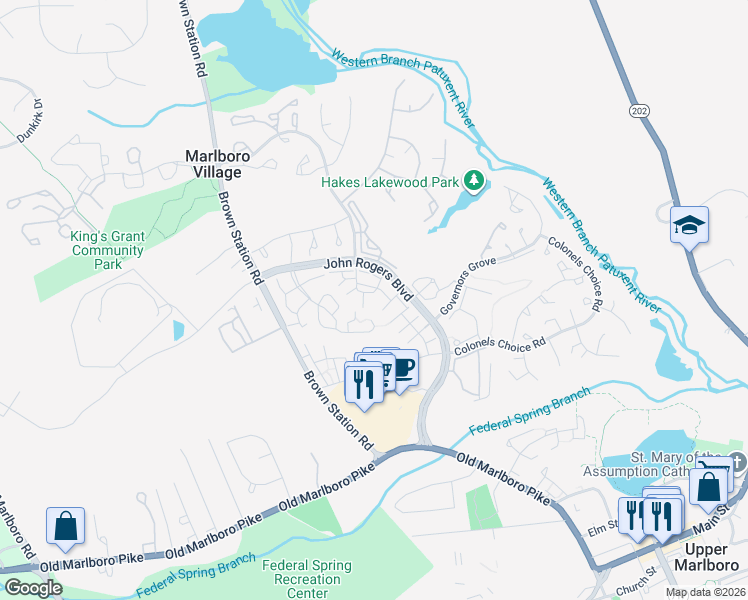 map of restaurants, bars, coffee shops, grocery stores, and more near 4517 Sherborn Lane in Upper Marlboro