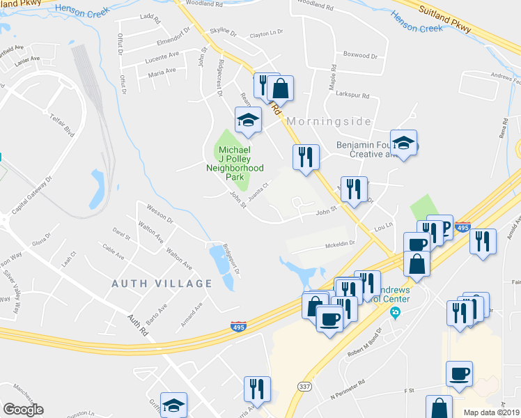 map of restaurants, bars, coffee shops, grocery stores, and more near 4703 Woodcrest Court in Camp Springs