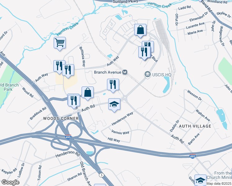 map of restaurants, bars, coffee shops, grocery stores, and more near 4703 Old Soper Road in Camp Springs