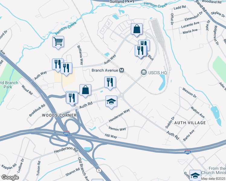 map of restaurants, bars, coffee shops, grocery stores, and more near 4701 Old Soper Road in Camp Springs