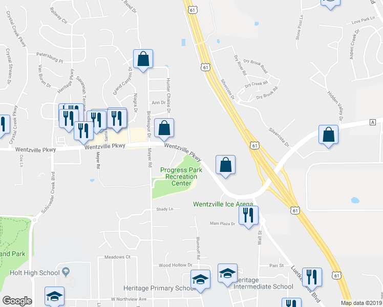 map of restaurants, bars, coffee shops, grocery stores, and more near 801 Wentzville Parkway in Wentzville