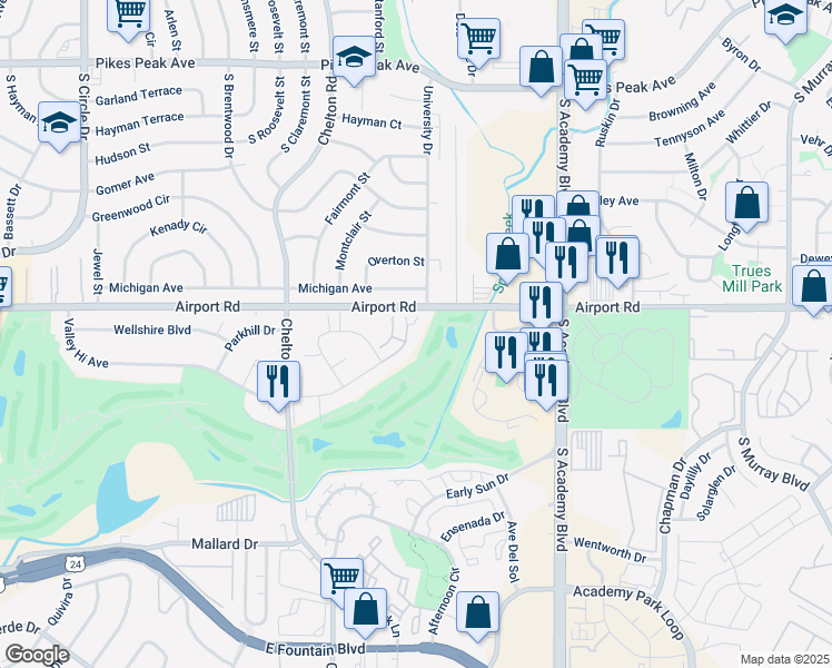 map of restaurants, bars, coffee shops, grocery stores, and more near 3551 Indigo Ridge Point in Colorado Springs