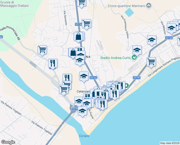 map of restaurants, bars, coffee shops, grocery stores, and more near 36 Via Nazionale in Catanzaro