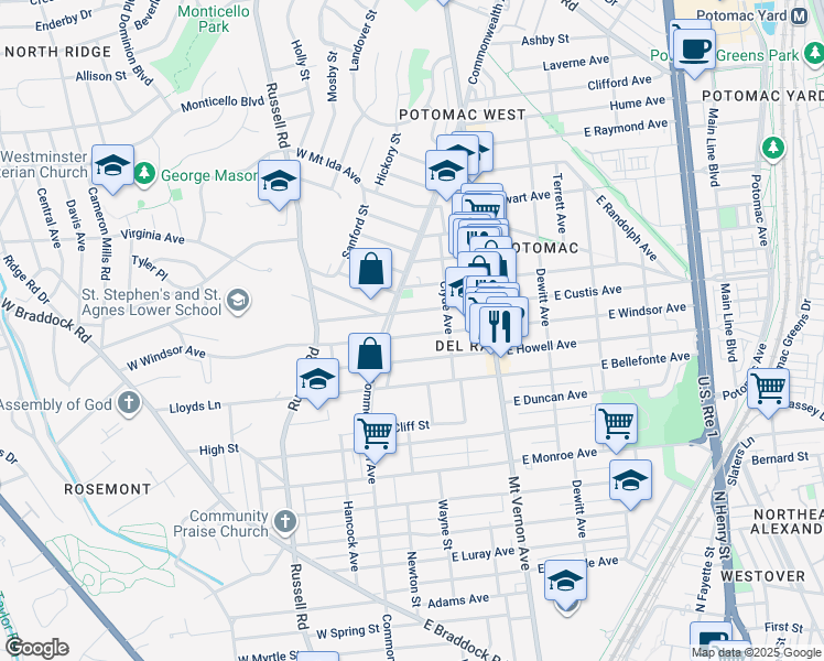 map of restaurants, bars, coffee shops, grocery stores, and more near 10 East Windsor Avenue in Alexandria