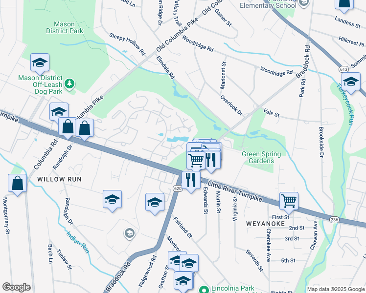map of restaurants, bars, coffee shops, grocery stores, and more near 6511 River Tweed Lane in Alexandria