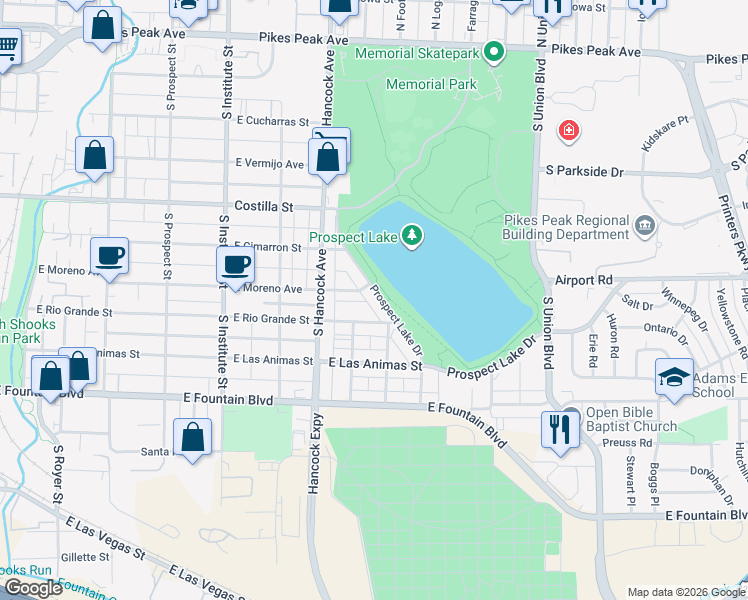 map of restaurants, bars, coffee shops, grocery stores, and more near 616 Prospect Lake Drive in Colorado Springs