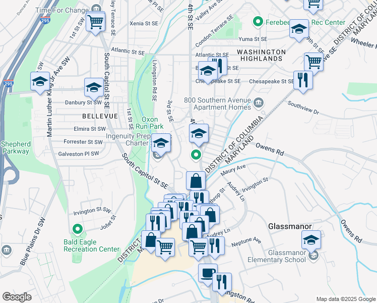 map of restaurants, bars, coffee shops, grocery stores, and more near 4528 3rd Street Southeast in Washington