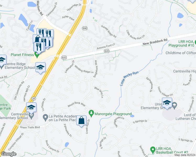 map of restaurants, bars, coffee shops, grocery stores, and more near 13970 Lightburn Lane in Centreville