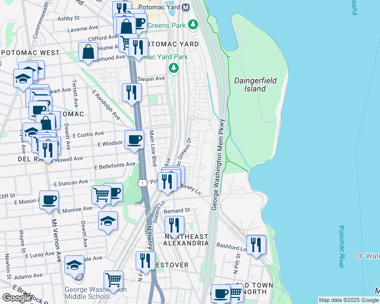 map of restaurants, bars, coffee shops, grocery stores, and more near 713 Catts Tavern Drive in Alexandria