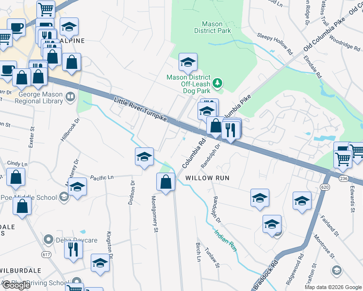 map of restaurants, bars, coffee shops, grocery stores, and more near 4613 Aspen Hill Court in Annandale