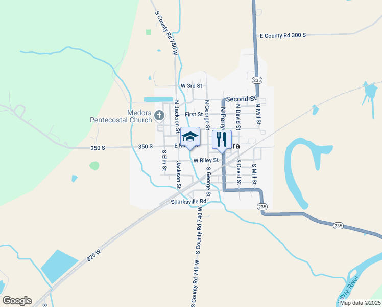 map of restaurants, bars, coffee shops, grocery stores, and more near West Riley Street in Medora