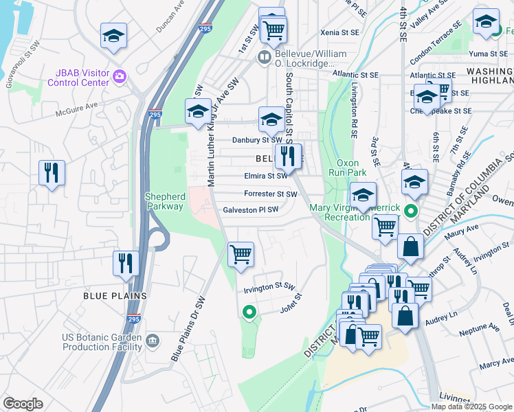 map of restaurants, bars, coffee shops, grocery stores, and more near 51 Galveston Place Southwest in Washington