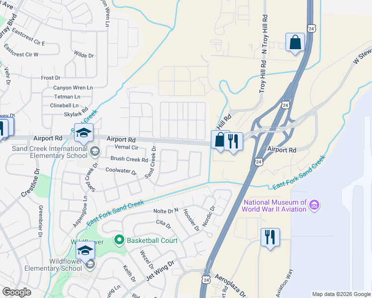 map of restaurants, bars, coffee shops, grocery stores, and more near 5253 Mountain Air Circle in Colorado Springs