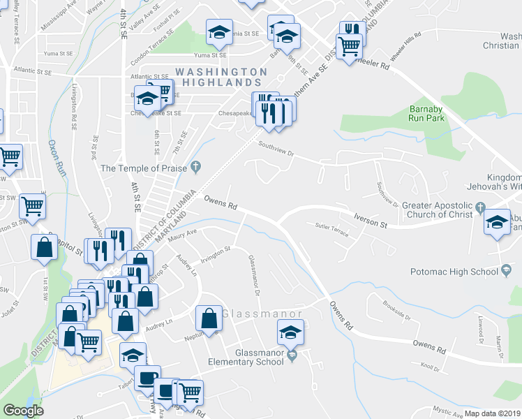 map of restaurants, bars, coffee shops, grocery stores, and more near 1026 Owens Road in Oxon Hill