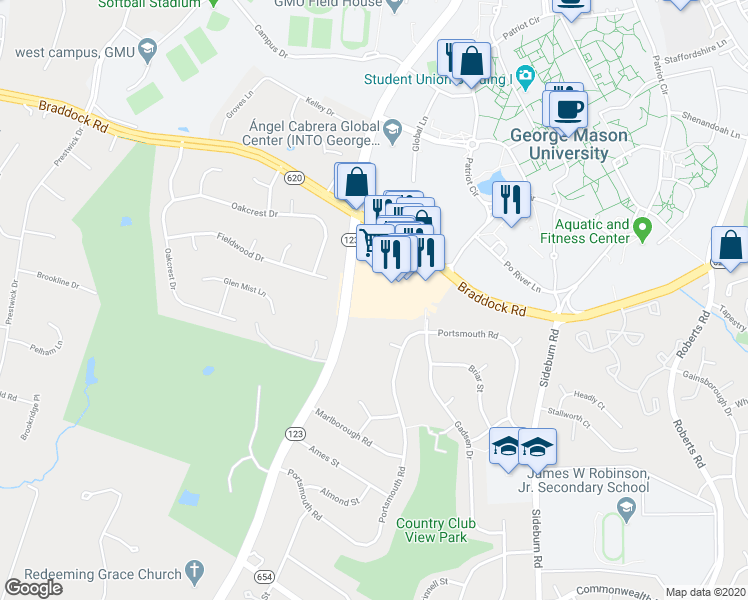 map of restaurants, bars, coffee shops, grocery stores, and more near 10691 Braddock Road in Fairfax