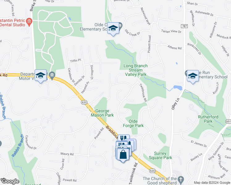 map of restaurants, bars, coffee shops, grocery stores, and more near 4610 Gramlee Circle in Fairfax